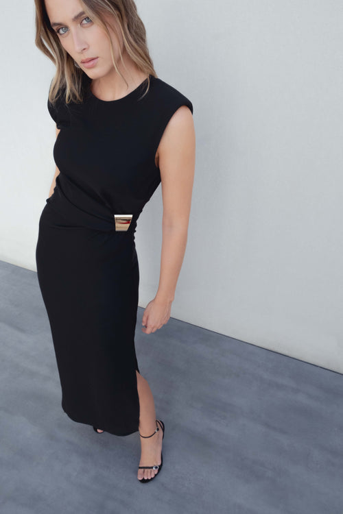 VESTIDO MIDI APLIQUE DORADO